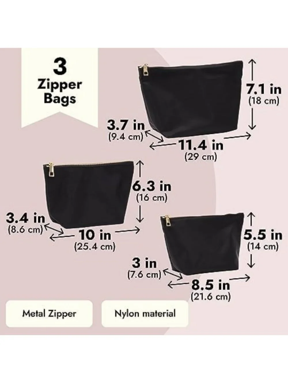 3-Piece Black Makeup Bag Set for Women | Nylon Zipper Cosmetic Pouches for